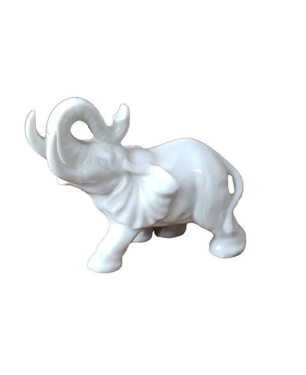 MCI Japan Elephant Figurine 3" Ceramic Trunk Raised Good Luck Vintage Off White